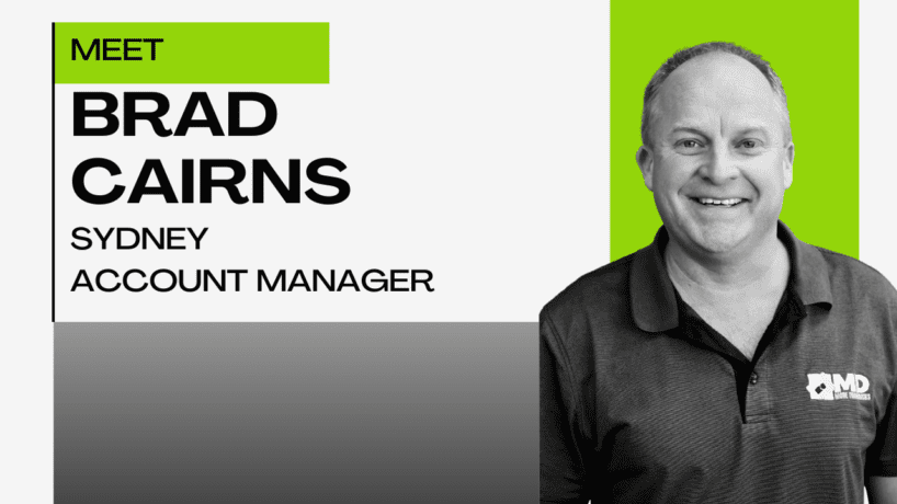 Black and white photo of a smiling man in a polo shirt on the right. On the left, bold text reads: MEET BRAD CAIRNS SYDNEY ACCOUNT MANAGER. A green highlight bar is at the top left and behind the man.