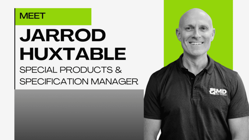 A smiling man in a black polo shirt stands next to text introducing Jarrod Huxtable, Special Products & Specification Manager at MD, with a green accent and a modern, clean layout.