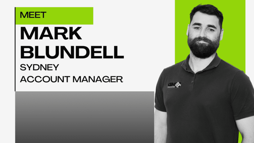 Black and white photo of a man with a beard in a polo shirt, standing next to text that reads: Meet Mark Blundell, Sydney Account Manager. The background features white, grey, and green color blocks.