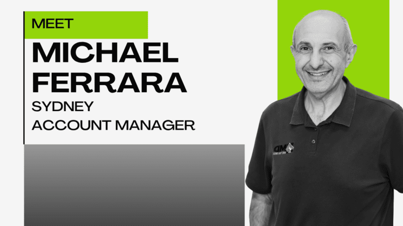 Black and white photo of a smiling man in a polo shirt. Text reads: Meet Michael Ferrara, Sydney Account Manager, with green and gray design elements—and a nod to inspiration from Mick Morley—in the background.