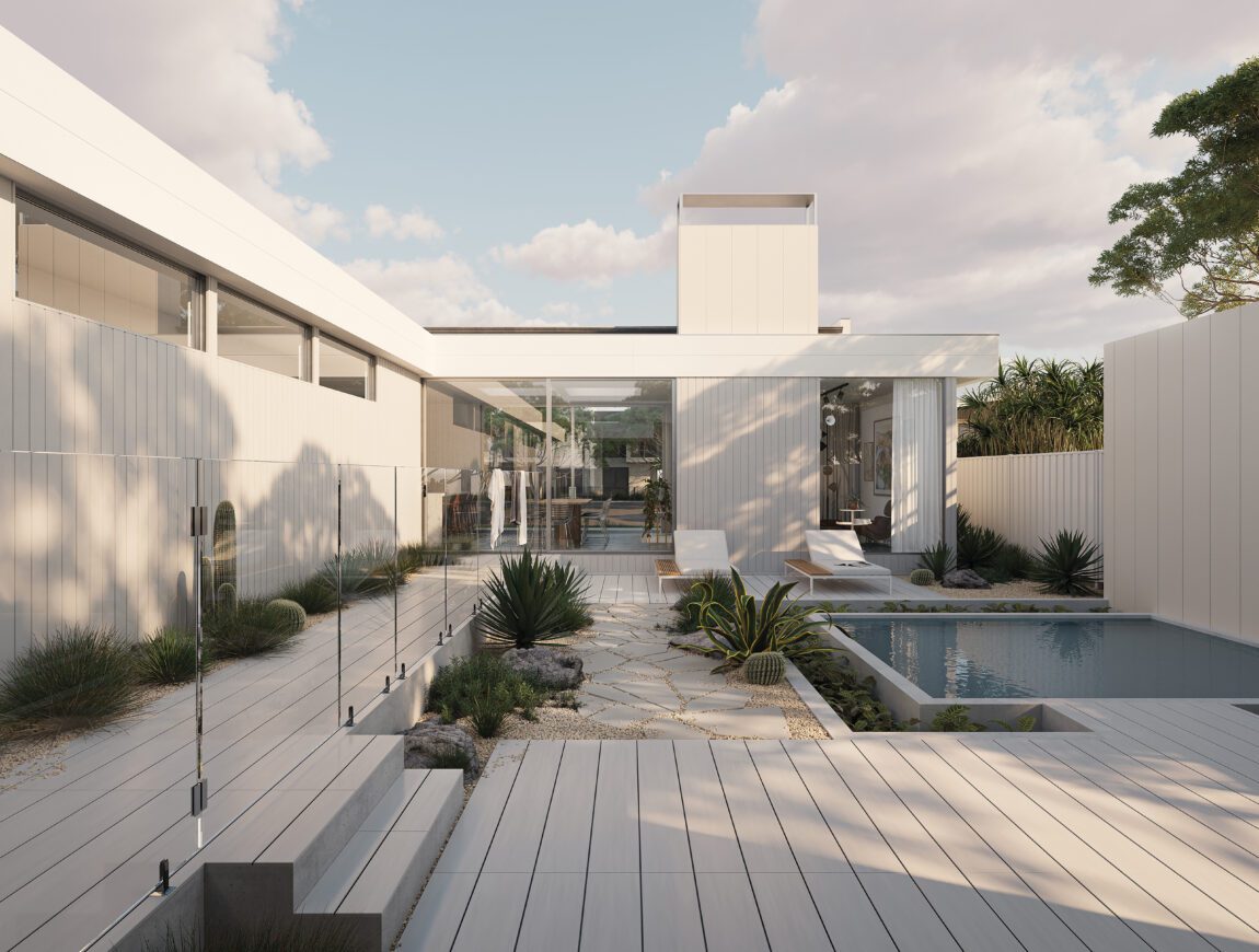 Modern minimalist courtyard with light wood decking, fibre cement accents, desert plants, glass fencing, and a rectangular pool beside a contemporary home under a partly cloudy sky.