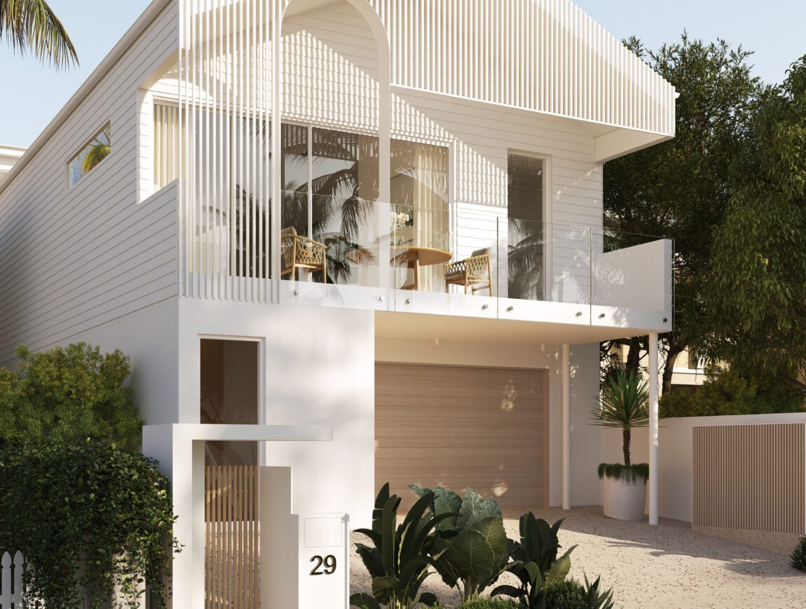 Modern two-story white house with a balcony, large vertical slats in Fibre Cement, glass railings, and a curved roof detail. There is a driveway, lush green landscaping, and the number 29 displayed on the front wall.