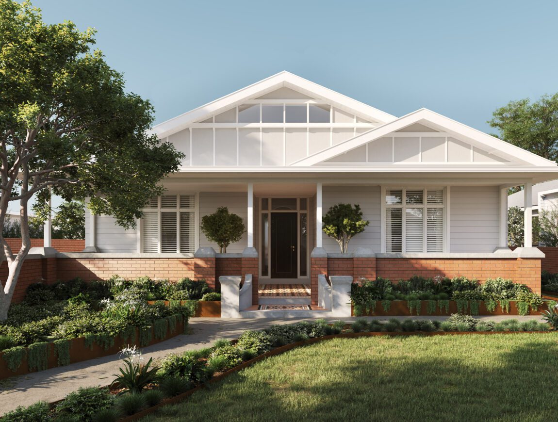 A single-story house with white fibre cement siding, large windows, a covered front porch, and a wooden door, surrounded by a landscaped garden, brick retaining walls, and a manicured lawn under a clear sky.