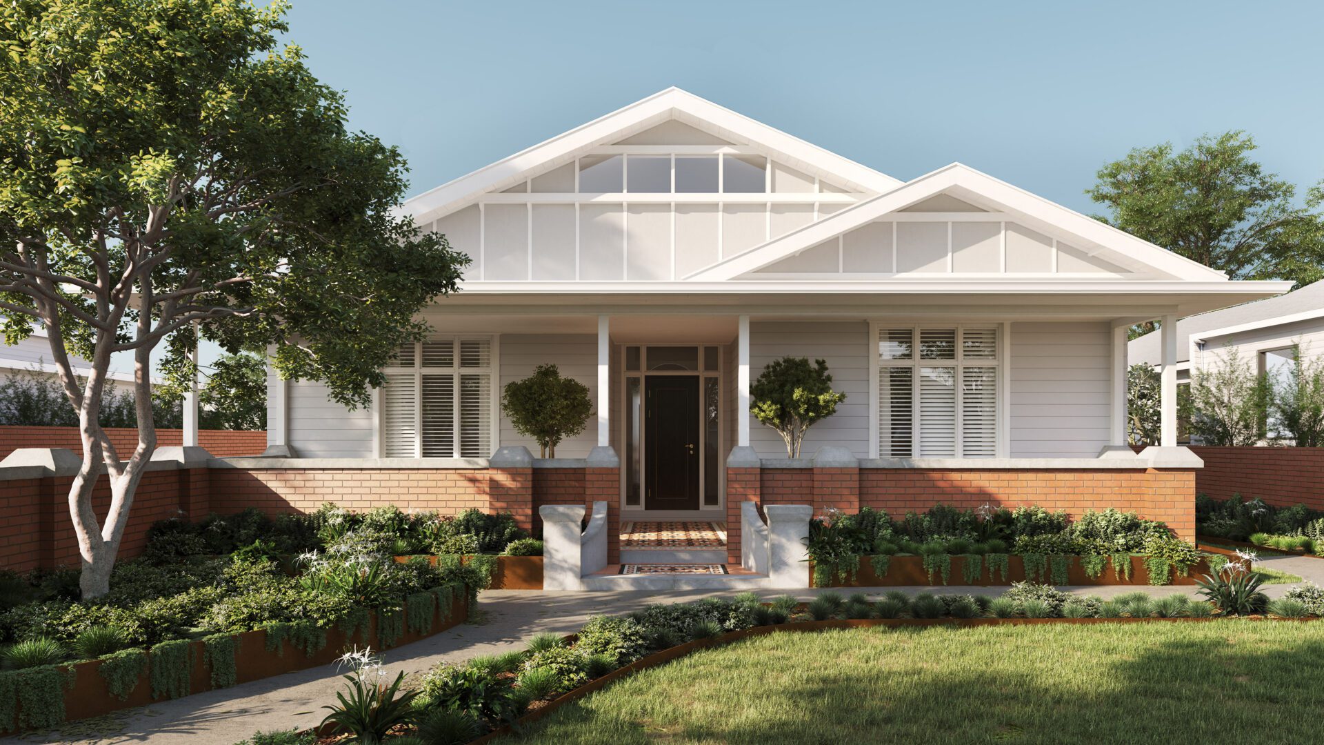 A single-story house with white fibre cement siding, large windows, a covered front porch, and a wooden door, surrounded by a landscaped garden, brick retaining walls, and a manicured lawn under a clear sky.