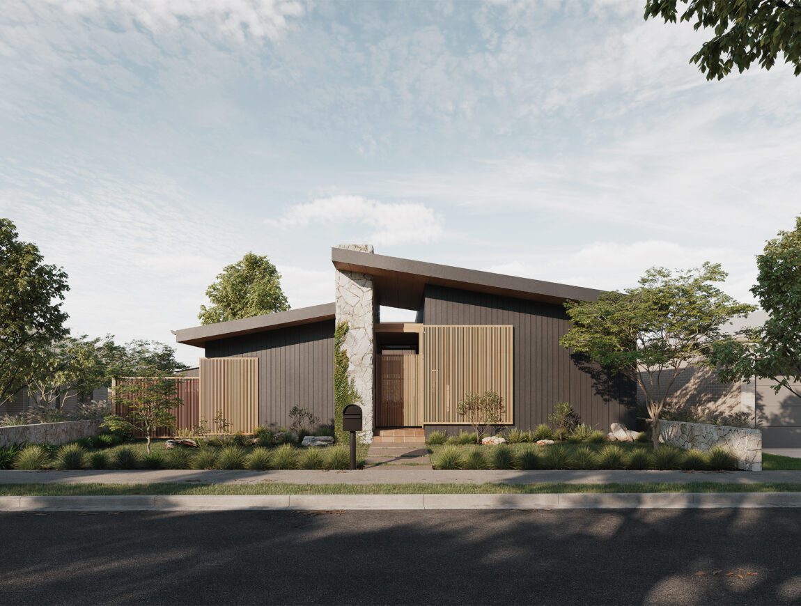 Modern single-story house with slanted roofs, large wooden panels, fibre cement accents, stone features, and extensive windows, surrounded by landscaped greenery and trees under a partly cloudy sky.