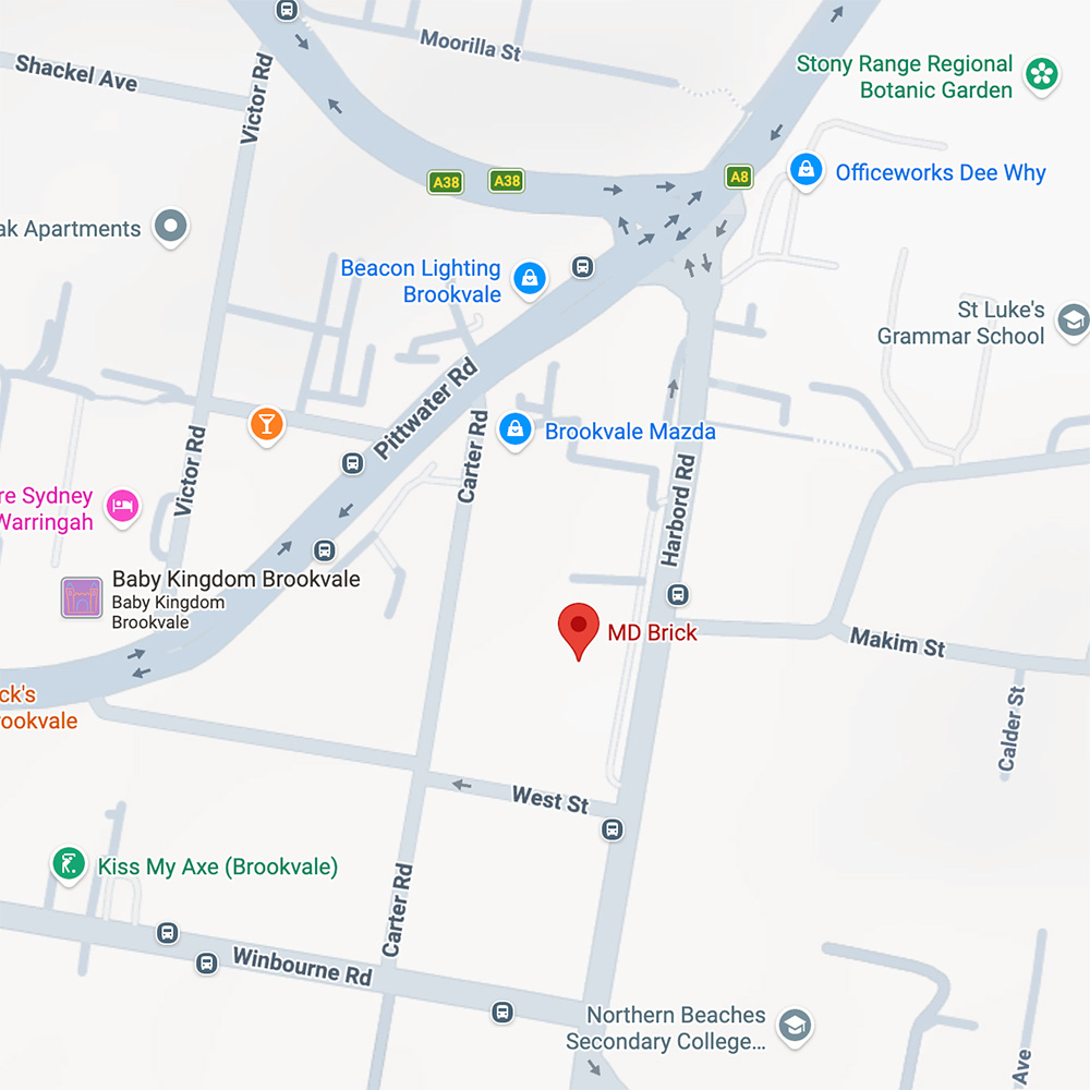 A map showing the area around MD Brick on Harbord Road in Brookvale, Sydney. Nearby locations include Baby Kingdom, Brookvale Mazda, Beacon Lighting, and Stony Range Regional Botanic Garden. Roads and landmarks are labeled.
