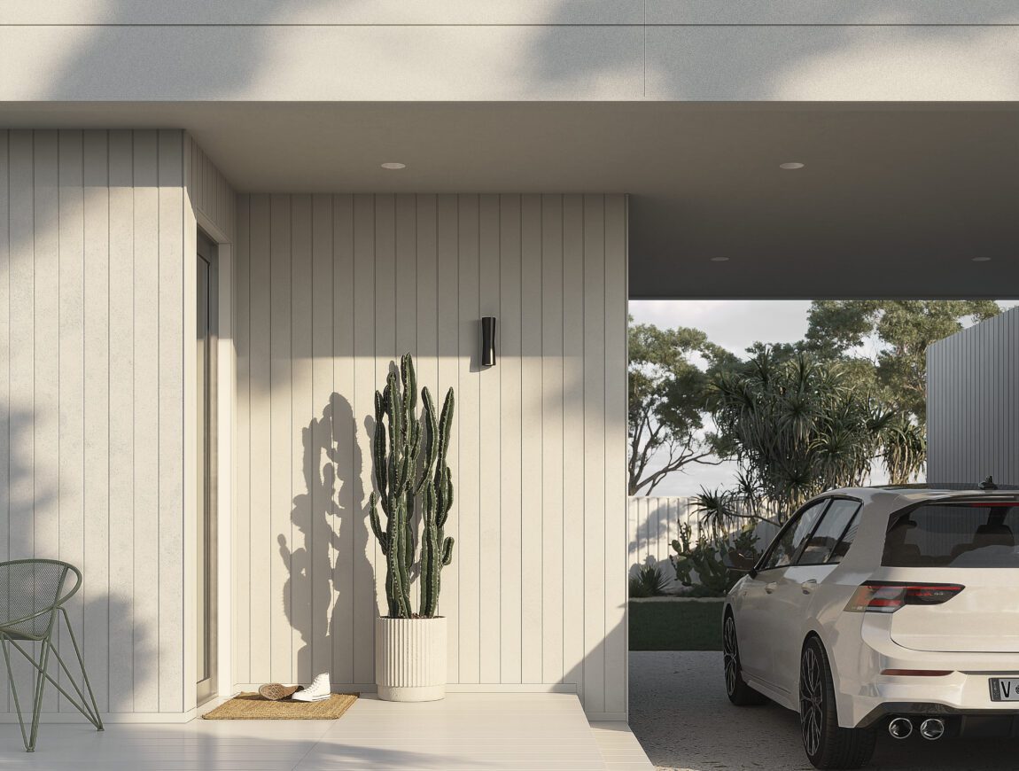 A modern white house exterior features vertical Innova Fibre Cement siding, a potted cactus by the entrance, a green chair, and a white car in the driveway; trees and greenery create a lush backdrop.