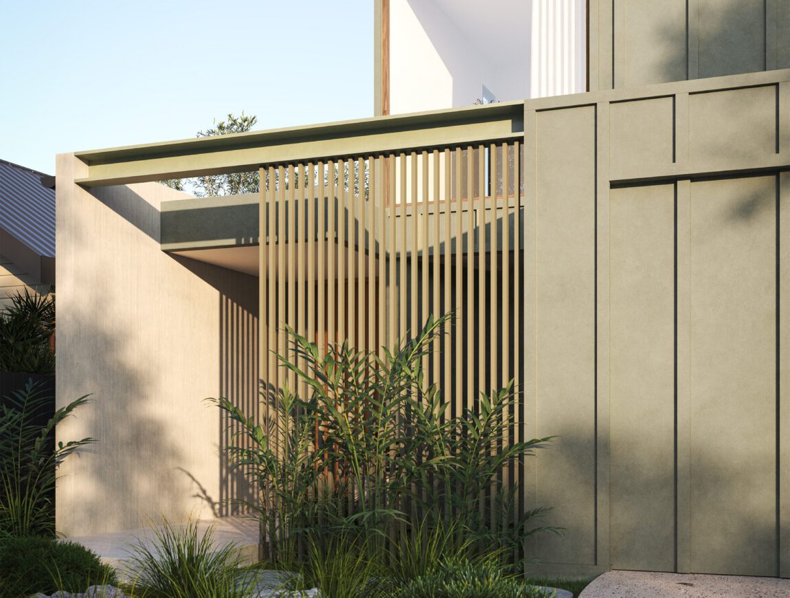 Modern two-story house with greenish Innova Fibre Cement exterior walls, vertical slats for shade, large windows, and minimalist landscaping with grass and shrubs under a clear blue sky.