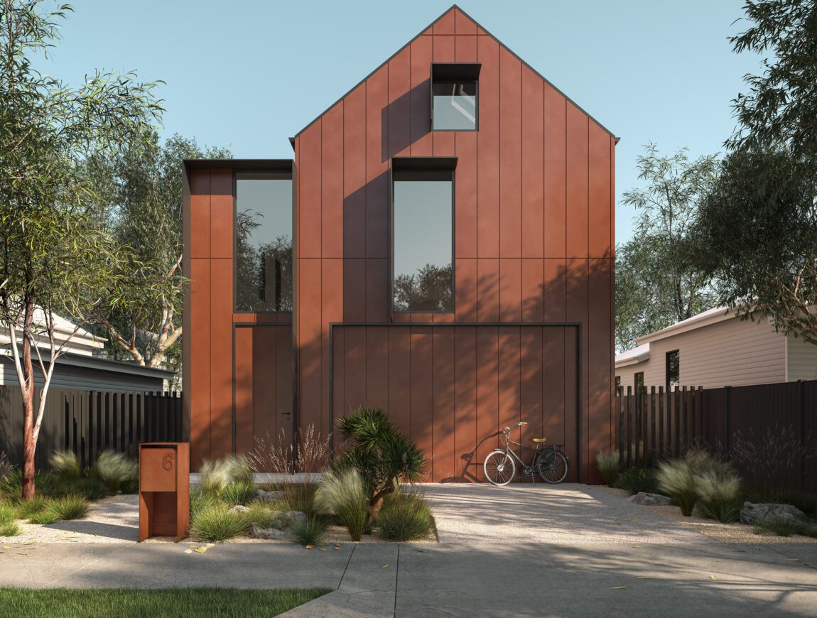 A modern house with a rust-colored metal facade, large windows, and a gabled roof features sleek Innova Fibre Cement accents. A bicycle rests by the garage, drought-tolerant plants fill the yard, and trees and neighboring houses are visible.