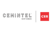 Cemintel Saint-Gobain logo featuring the company name, architectural designer products brand, next to a vertical line and a red square containing the letters CSR.