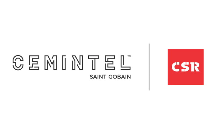 Cemintel Saint-Gobain logo featuring the company name, architectural designer products brand, next to a vertical line and a red square containing the letters CSR.